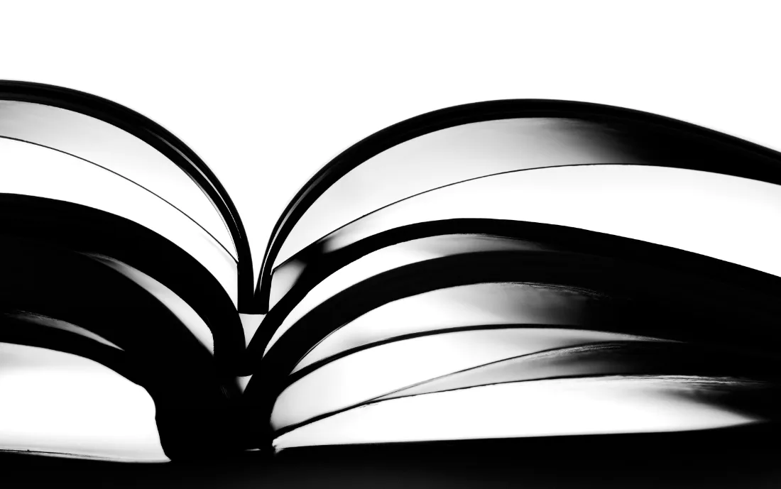 High-contrast black and white photograph of an open book