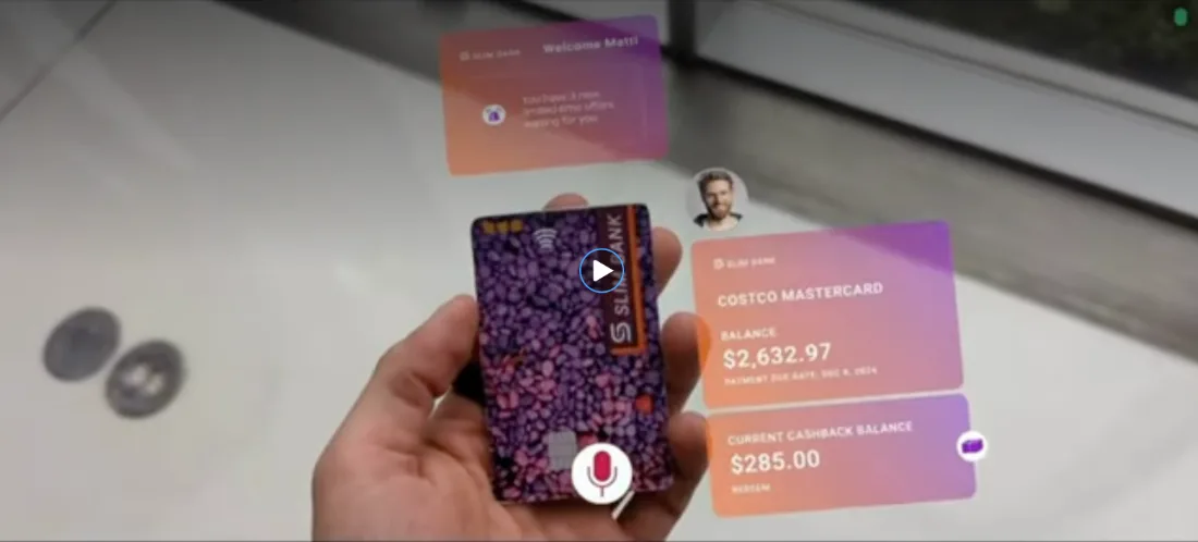 A hand holding a bank card with augmented-reality account cards floating alongside it