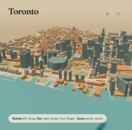 Daytime view of the Toronto model: extruded towers in sand and clay tones, the CN Tower, downtown streets and the teal Lake Ontario waterfront