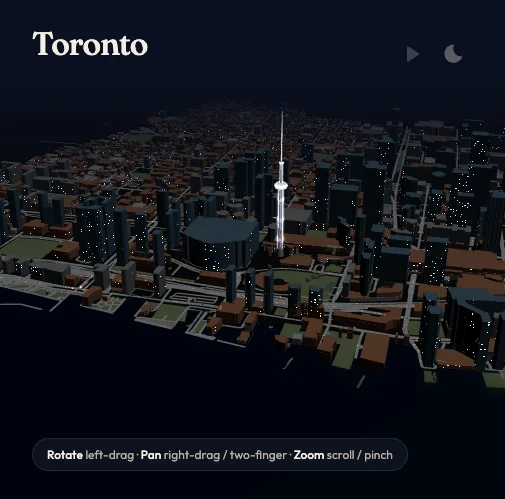Night view of the same model: lit windows across the downtown core, the CN Tower beacon glowing, vehicle headlights along the street grid