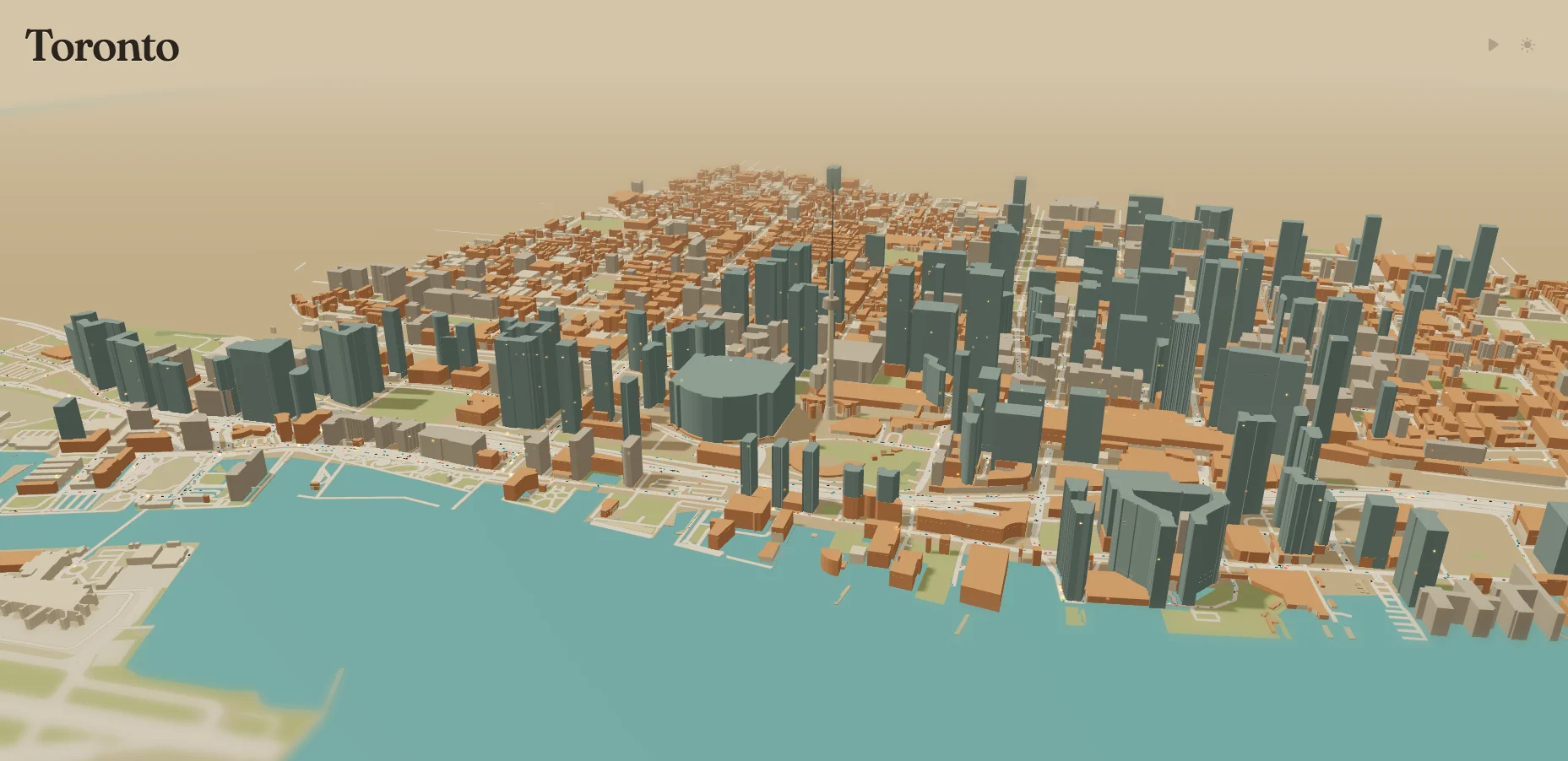 A 3D digital twin of downtown Toronto rendered in sand, clay and teal